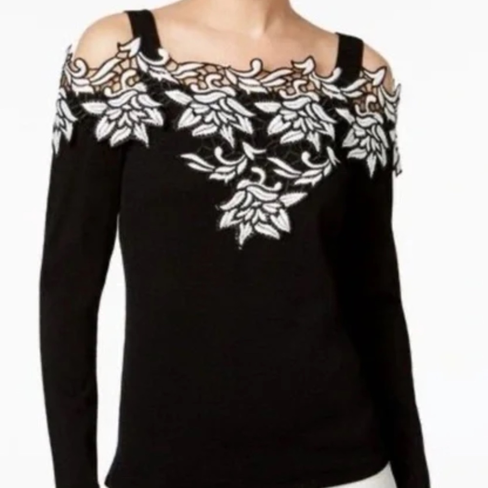 INC International Concepts Black Top with White Embroidery
